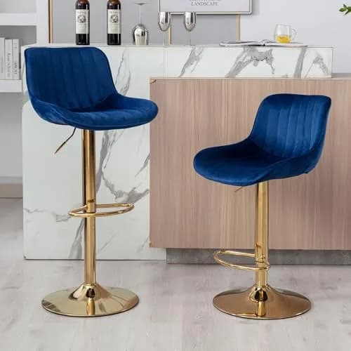 Kiztir Velvet Bar Stools Set of 2 | Adjustable Counter Height Swivel with Footrest (Blue) thumbnail 3