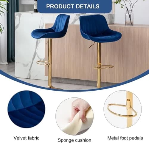 Kiztir Velvet Bar Stools Set of 2 | Adjustable Counter Height Swivel with Footrest (Blue) thumbnail 4