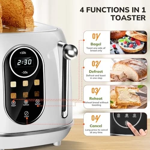 Keenstone Touch Screen Toaster 2 Slice | Retro Wide Slot Stainless Steel with 6 Browning Levels thumbnail 6