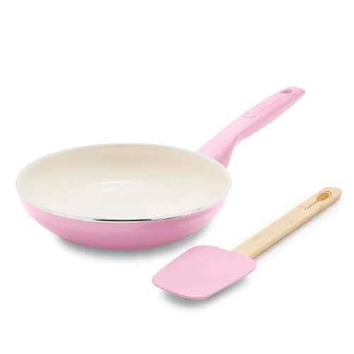 GreenPan Rio 8" Ceramic Nonstick Frying Pan Skillet and Silicone Spatula Set, Pink | Toxin-Free Cooking for Indian Kitchens thumbnail 1