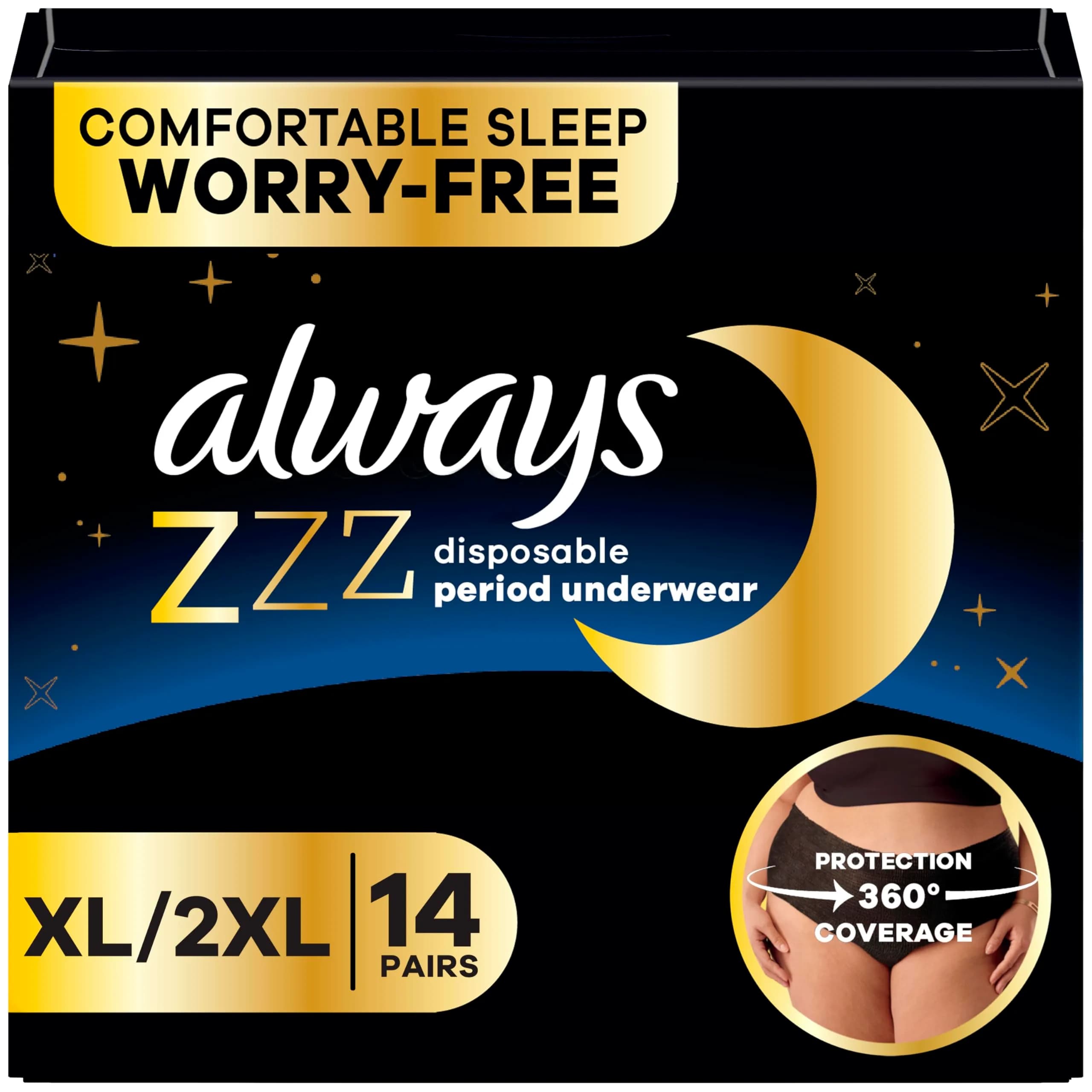 Always ZZZ Overnight Disposable Period Underwear for Women Extra Large/2LX, 14 Count | 360° Leak Protection