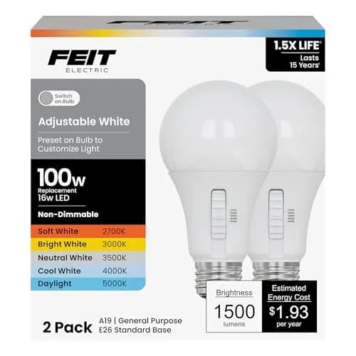 Feit Electric Adjustable White A19 LED Light Bulb 2 Pack | 5 CCT Selectable 2700K-5000K, 1500 Lumens, 17,000 Hr thumbnail 1