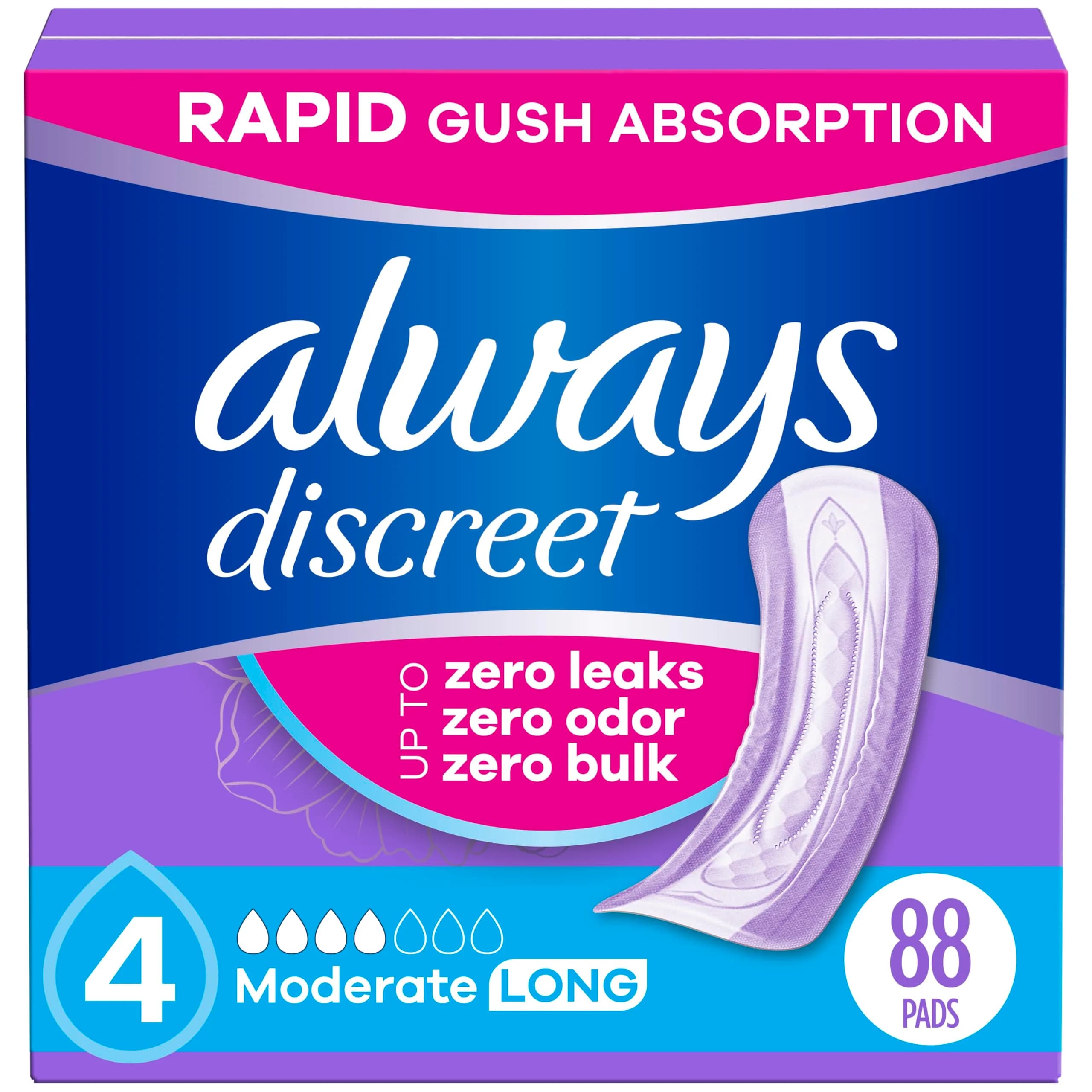 Always Discreet Adult Incontinence Pads for Women, Drier, Long Length, Moderate Absorbency, 88ct | USA Import — Long