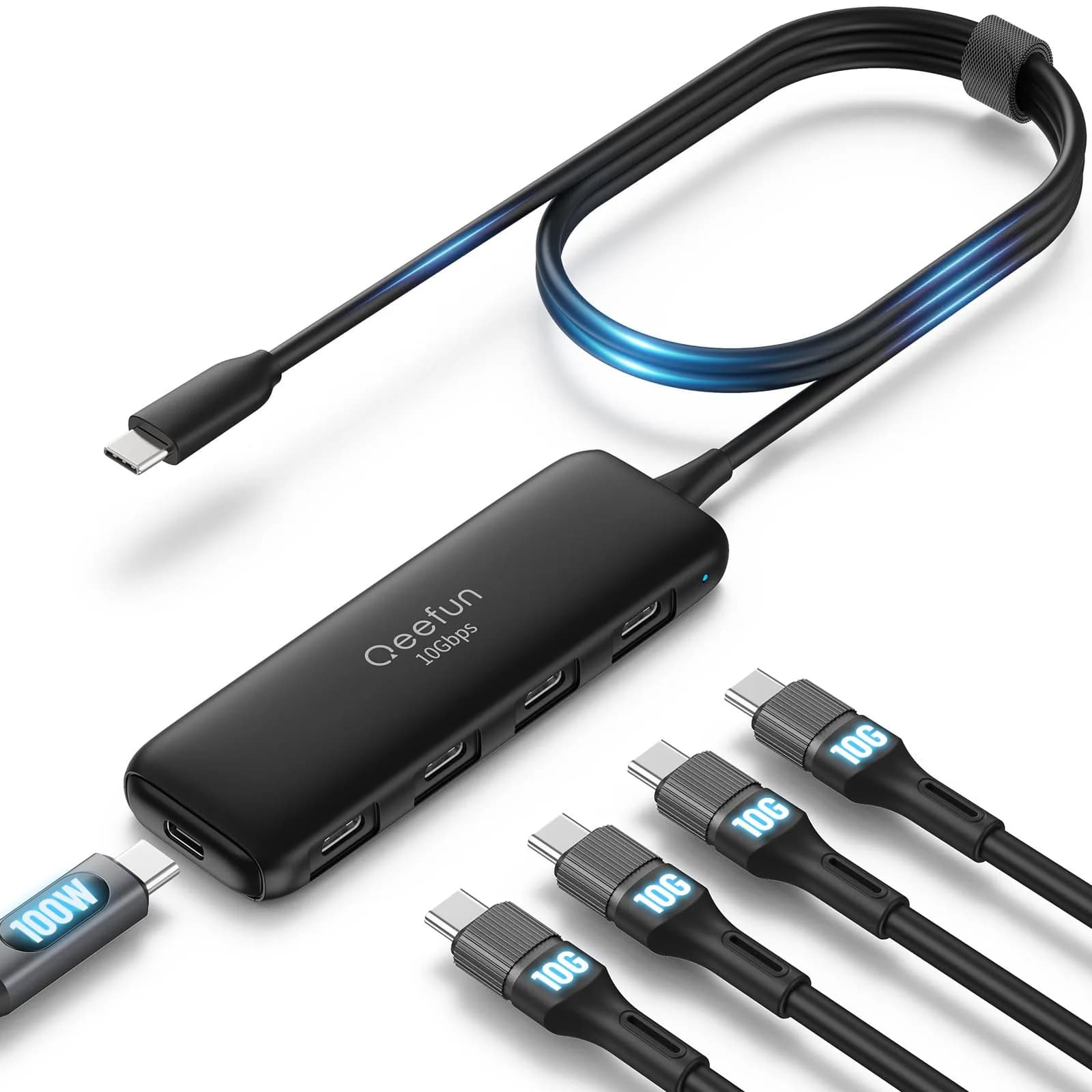 Q QEEFUN USB C Hub 10Gbps, 4 Ports USB-C 3.2 Gen 2 Data Splitter with 100W PD Charging Port | 5-Port USB-C Extender for Laptops and Tablets — C to 4C+PD
