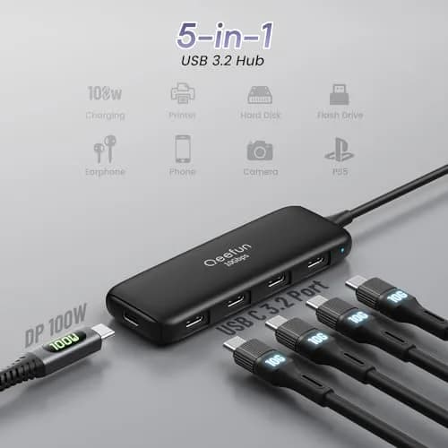 Q QEEFUN USB C Hub 10Gbps, 4 Ports USB-C 3.2 Gen 2 Data Splitter with 100W PD Charging Port | 5-Port USB-C Extender for Laptops and Tablets thumbnail 2