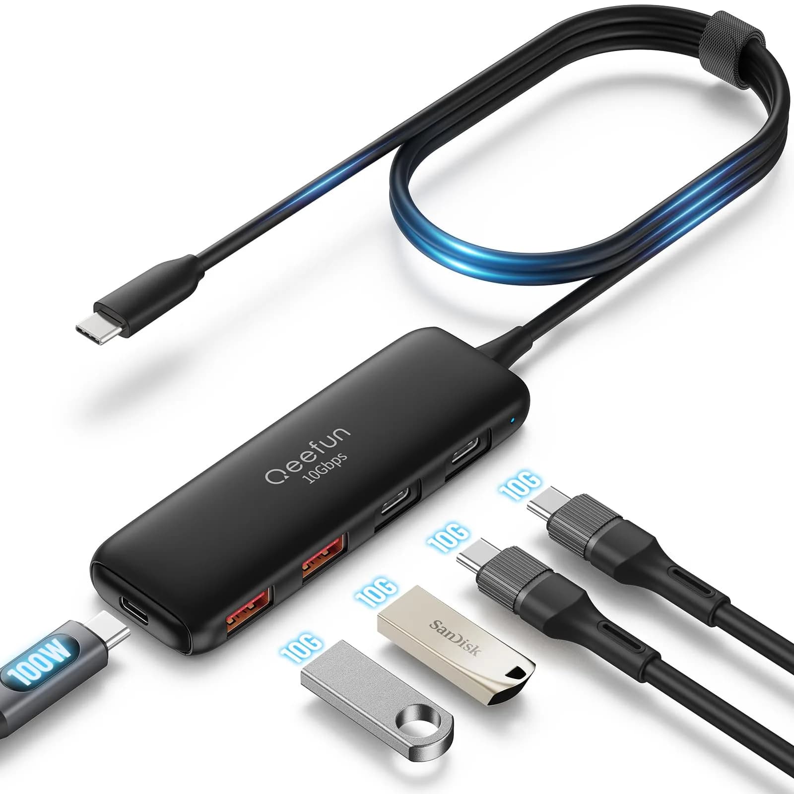 Q QEEFUN USB C Hub 10Gbps, 4-Port USB 3.2 Gen 2 Hub with 2 USB-C & 2 USB-A Ports, 100W PD Charging Port, Aluminum Casing — USB 3.2 C-2A2C 4ft