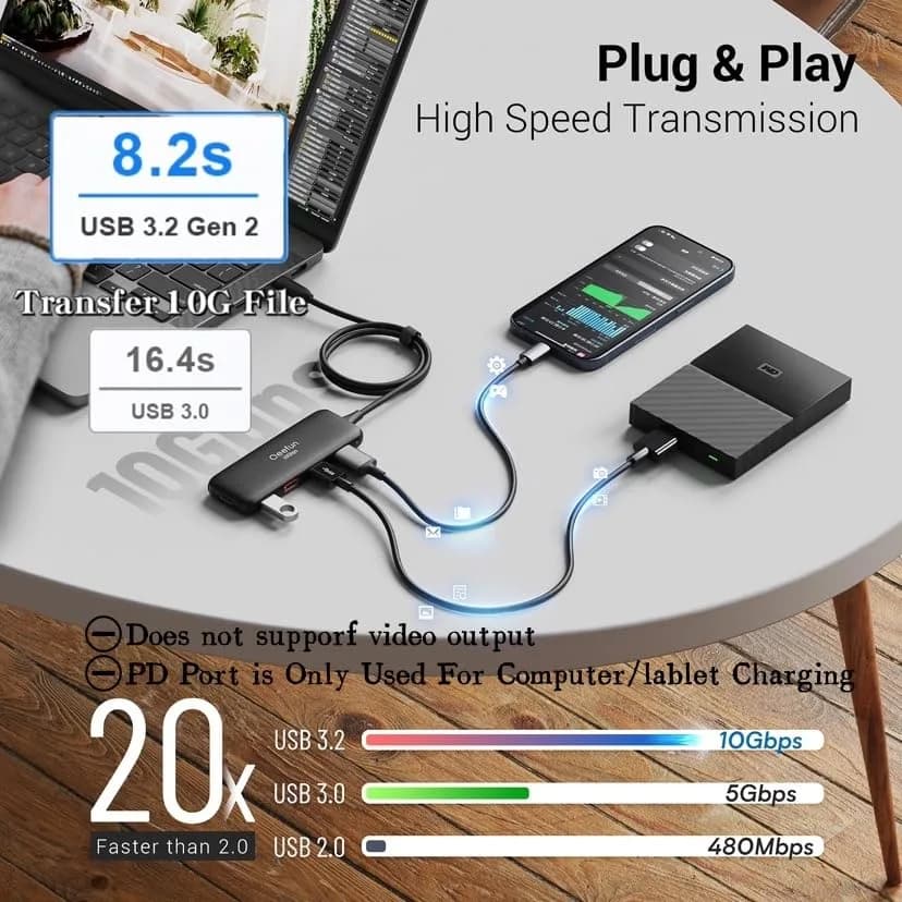 Q QEEFUN USB C Hub 10Gbps, 4-Port USB 3.2 Gen 2 Hub with 2 USB-C & 2 USB-A Ports, 100W PD Charging Port, Aluminum Casing thumbnail 4