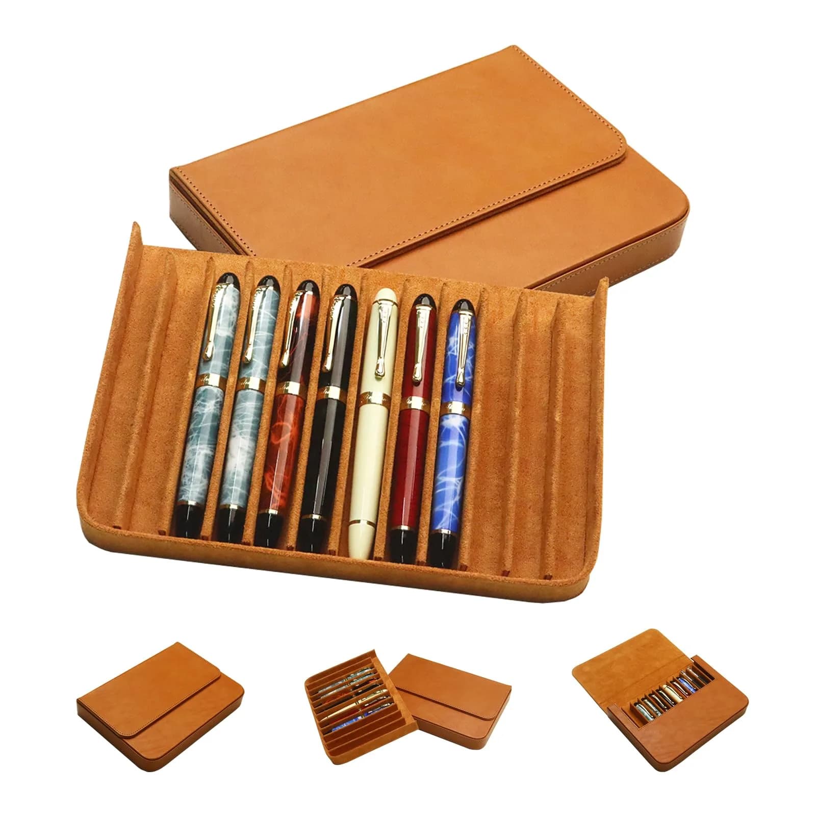 MIVLXLX 6 Slot Fountain Pen Case, Handmade Magnetic,Christmas Gift (blue) | Space-Saving Organizer for Pens — brown / 12 Slots