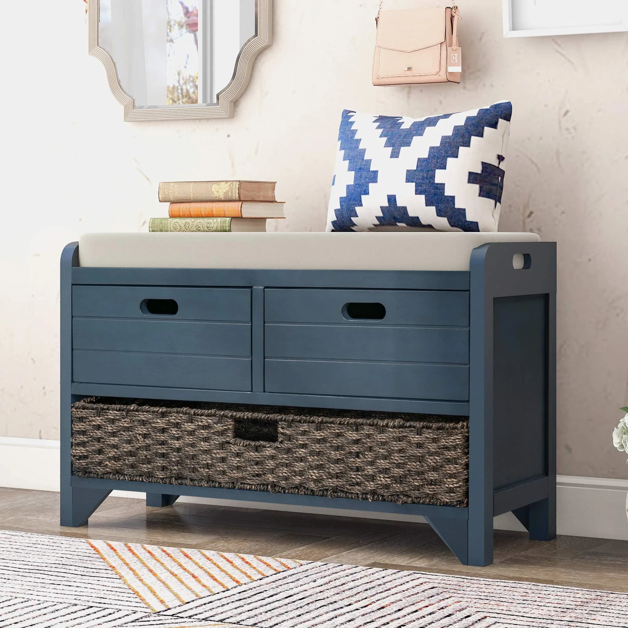 Brisca Storage Bench with 1 Removable Basket and 2 Drawers | Fully Assembled Wooden Entryway Seat (70-120c) - main product image