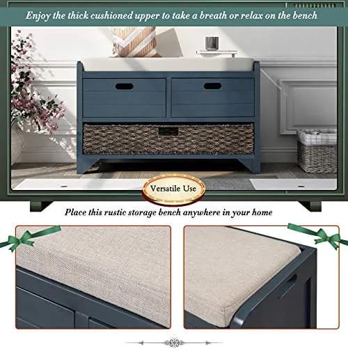 Brisca Storage Bench with 1 Removable Basket and 2 Drawers | Fully Assembled Wooden Entryway Seat (70-120c) thumbnail 4
