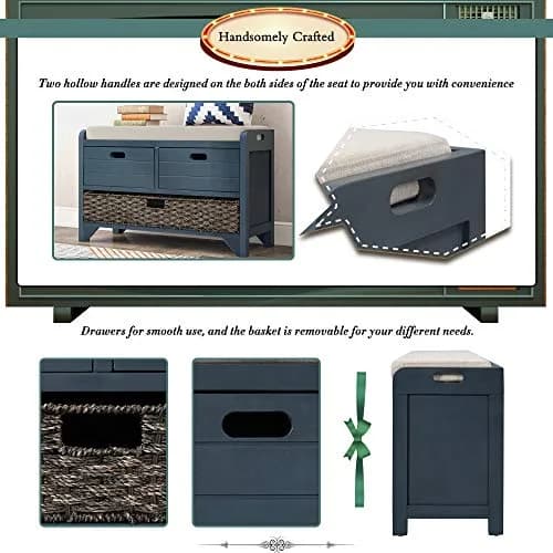 Brisca Storage Bench with 1 Removable Basket and 2 Drawers | Fully Assembled Wooden Entryway Seat (70-120c) thumbnail 5
