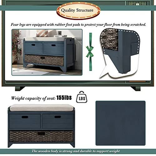 Brisca Storage Bench with 1 Removable Basket and 2 Drawers | Fully Assembled Wooden Entryway Seat (70-120c) thumbnail 6