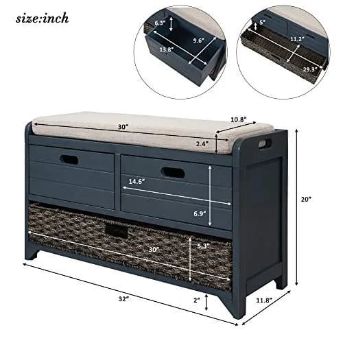 Brisca Storage Bench with 1 Removable Basket and 2 Drawers | Fully Assembled Wooden Entryway Seat (70-120c) thumbnail 7