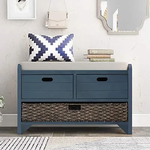 Brisca Storage Bench with 1 Removable Basket and 2 Drawers | Fully Assembled Wooden Entryway Seat (70-120c) thumbnail 2