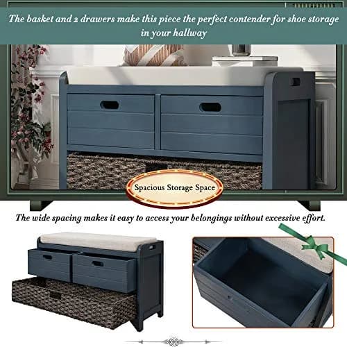 Brisca Storage Bench with 1 Removable Basket and 2 Drawers | Fully Assembled Wooden Entryway Seat (70-120c) thumbnail 3