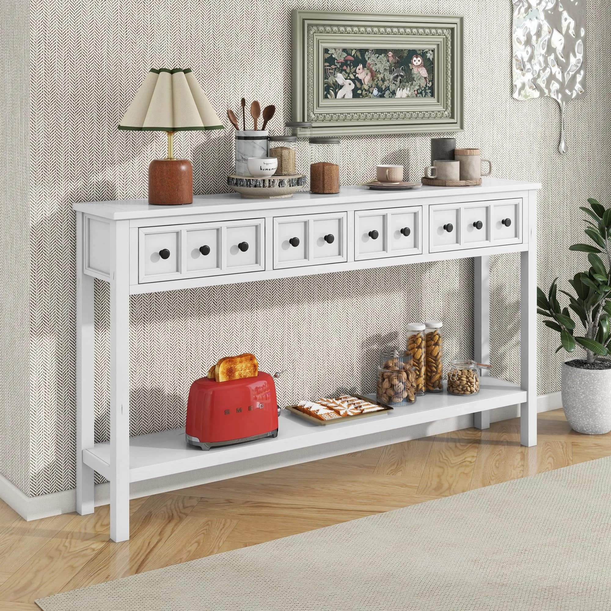 Brisca Rustic Entryway Console Table with 2 Different Size Drawers | Solid Wood Sofa Desk for Living Room & Hallway — Antique White