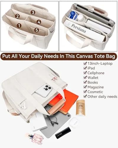 ABOUME Canvas Tote Bag with Multi-Pocket Large Capacity | Multi-Function Women’s Handbag thumbnail 4