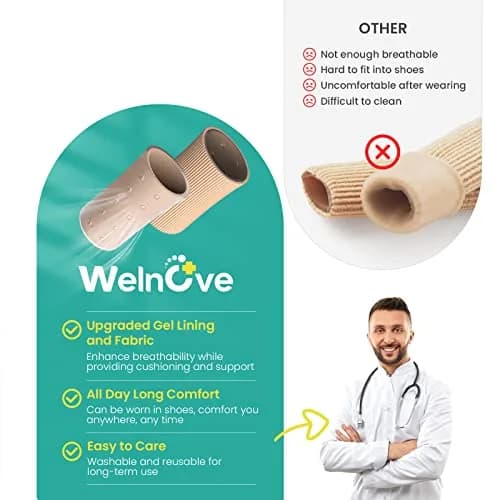 Welnove Toe Tubes Sleeves Protectors - 6 Pack Toe Cushions for Pain Relief - Fabric & Breathable Gel Lining Toe Protectors for Corns, Calluses, Blisters (Large Size) thumbnail 2