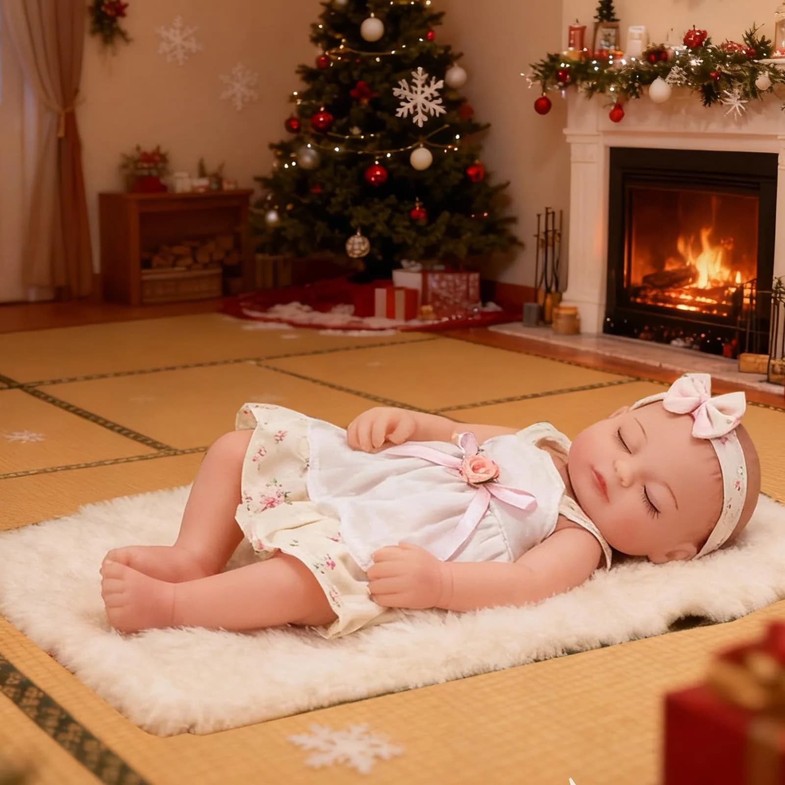 JRLCGYP Realistic Sleeping Baby Girl Doll 10 inch (25.4 cm) Silicone Vinyl Reborn | ASTM Tested Toy Figure — Pink Broken Flower-wood