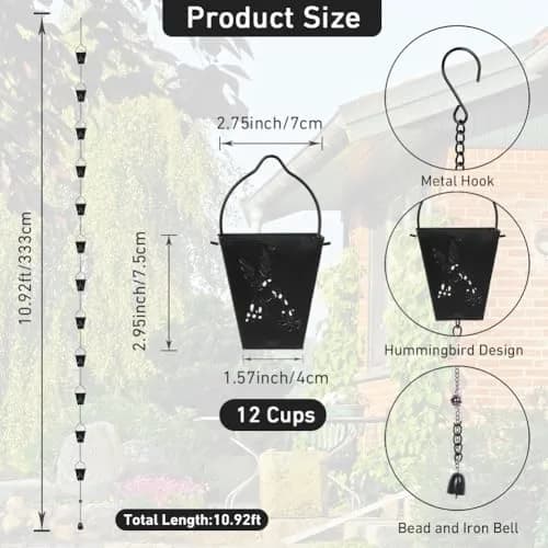 giole Black Square Rain Chain 3.33 m (10.92 ft) | Decorative Metal Downspout Alternative thumbnail 2
