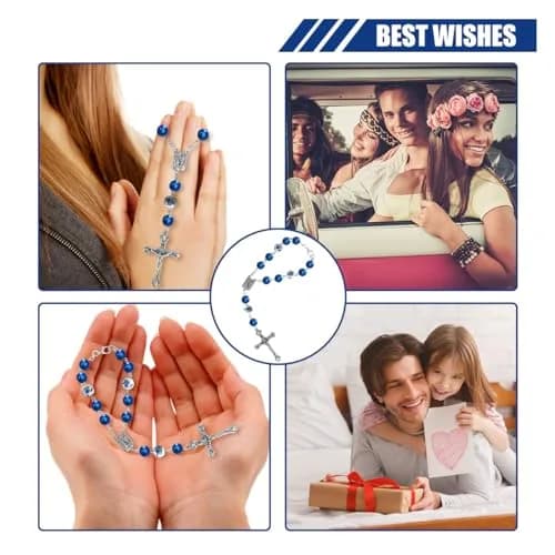 smilfuy 2PCS Car Rosary for Rearview Mirror, Blue Ceramic Beads Pendant | Religious Auto Decor thumbnail 6