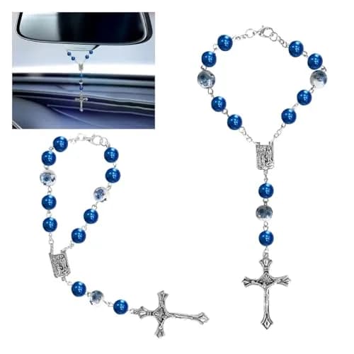 smilfuy 2PCS Car Rosary for Rearview Mirror, Blue Ceramic Beads Pendant | Religious Auto Decor thumbnail 1