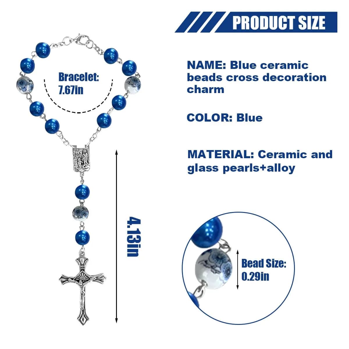 smilfuy 2PCS Car Rosary for Rearview Mirror, Blue Ceramic Beads Pendant | Religious Auto Decor - view 2