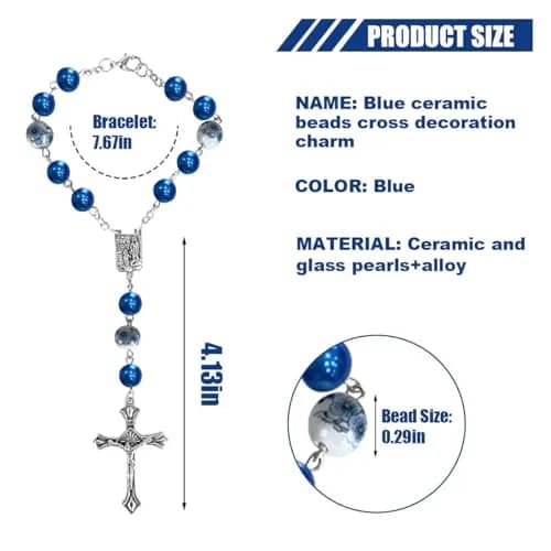 smilfuy 2PCS Car Rosary for Rearview Mirror, Blue Ceramic Beads Pendant | Religious Auto Decor thumbnail 2