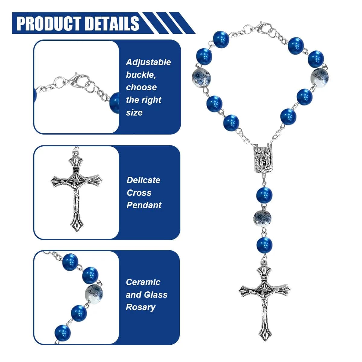 smilfuy 2PCS Car Rosary for Rearview Mirror, Blue Ceramic Beads Pendant | Religious Auto Decor - view 3
