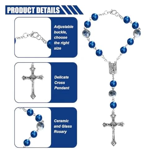 smilfuy 2PCS Car Rosary for Rearview Mirror, Blue Ceramic Beads Pendant | Religious Auto Decor thumbnail 3