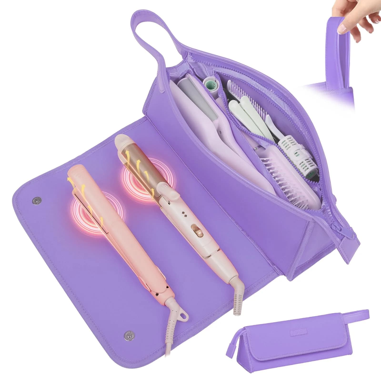 JKAOO Hair Tools Travel Bag and Heat Resistant Mat, Sweet Pink | 14.2L x 3.9W x 5.1H inches | Heat-Resistant & Portable — Purple