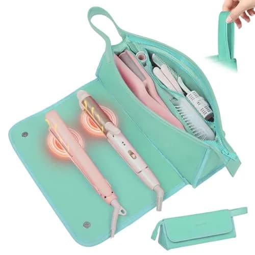 JKAOO Hair Tools Travel Bag and Heat Resistant Mat | Heat-Resistant Neoprene, 14.2x3.9x5.1 Inch, Blue-Green - main product image