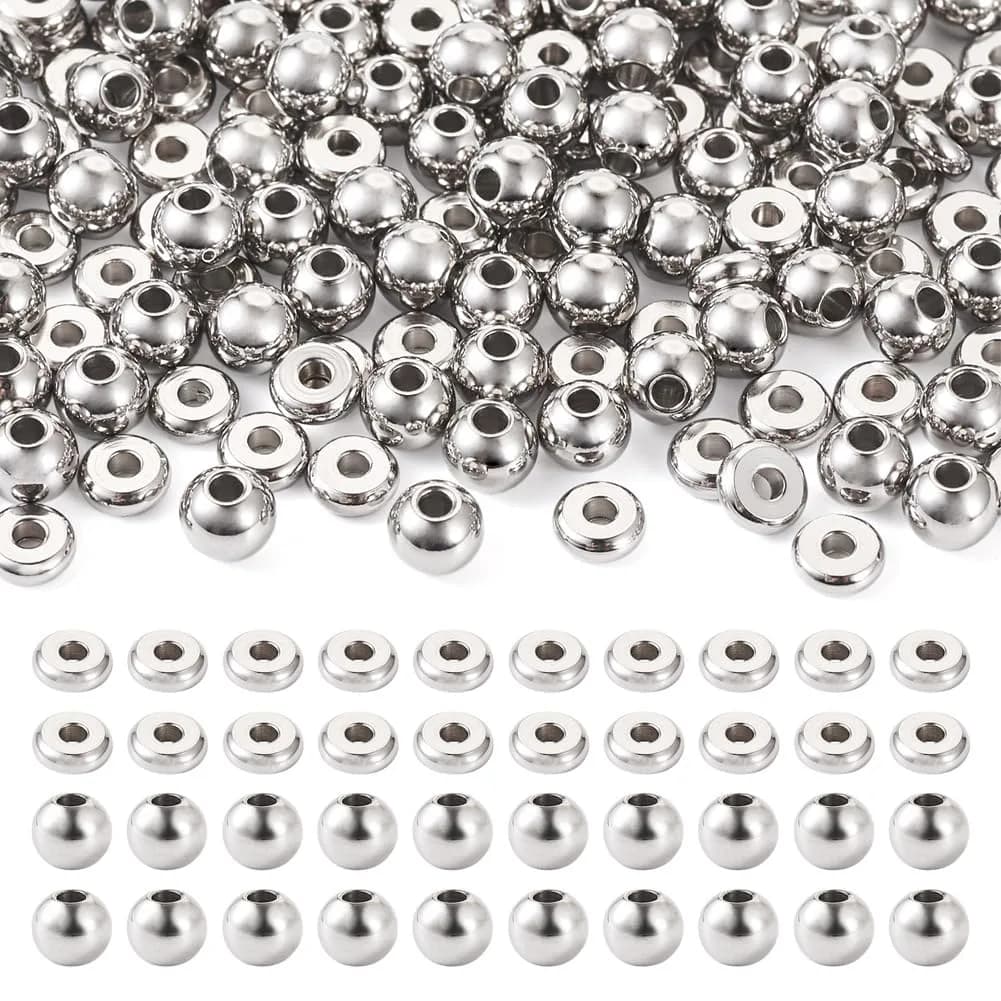 FASHEWELRY 200pcs Stainless Steel Beads 6mm | Flat & Round Spacer Beads for Jewelry DIY — Round & Flat Round