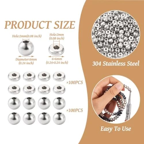 FASHEWELRY 200pcs Stainless Steel Beads 6mm | Flat & Round Spacer Beads for Jewelry DIY thumbnail 3
