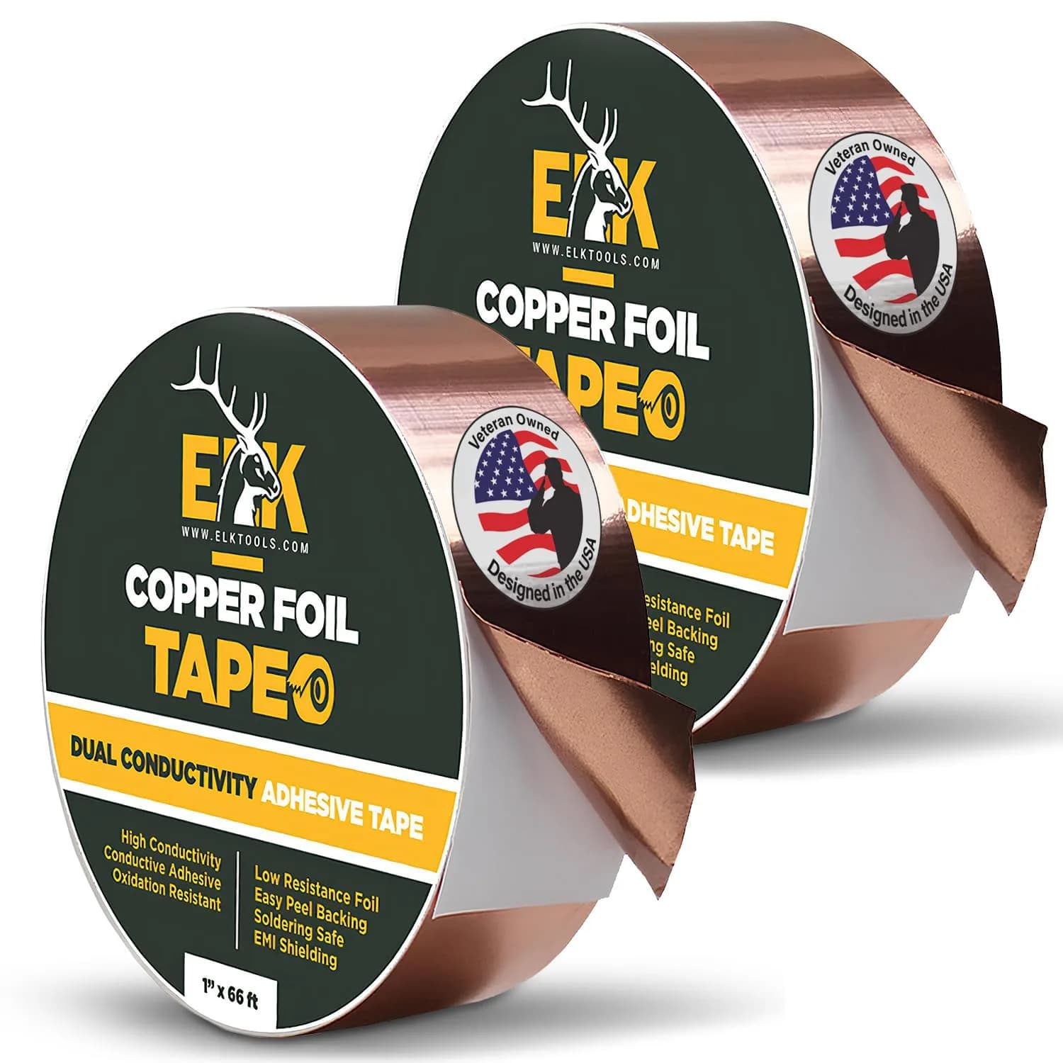 ELK Copper Foil Tape 2 Pack - 1 inch x 66 ft (16.76 cm x 20.12 m) | Conductive Adhesive for Electronics, Crafts, Repairs - main product image