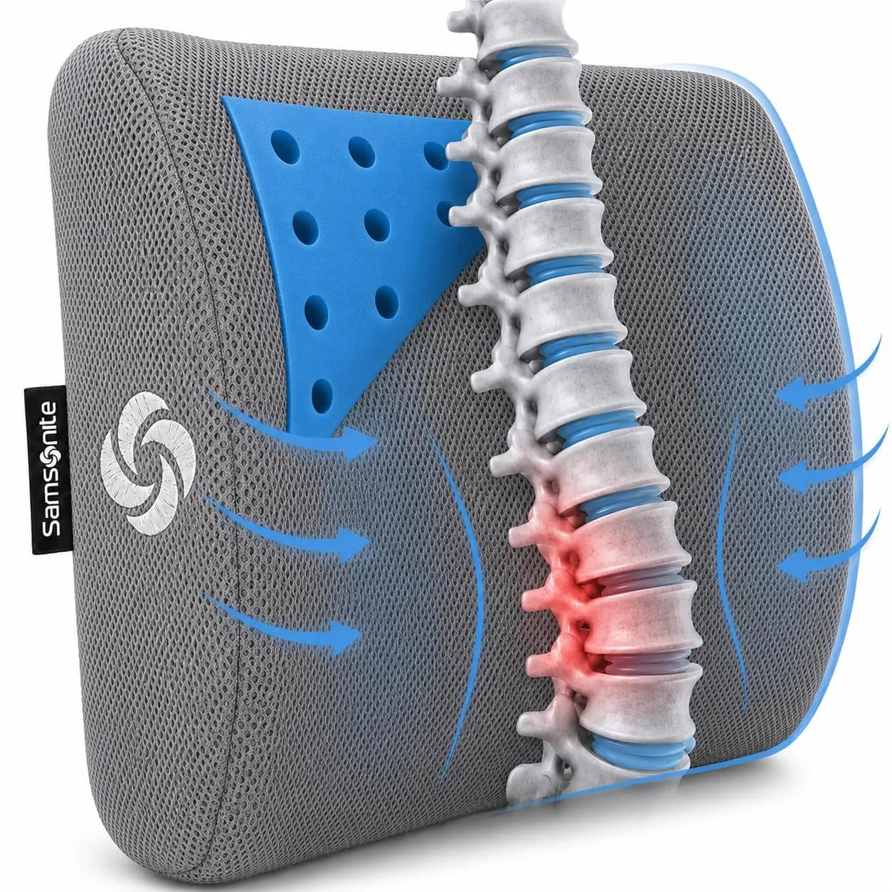 Samsonite Memory Foam Lumbar Support Pillow with Cooling Gel | Standard Size, Grey Mesh