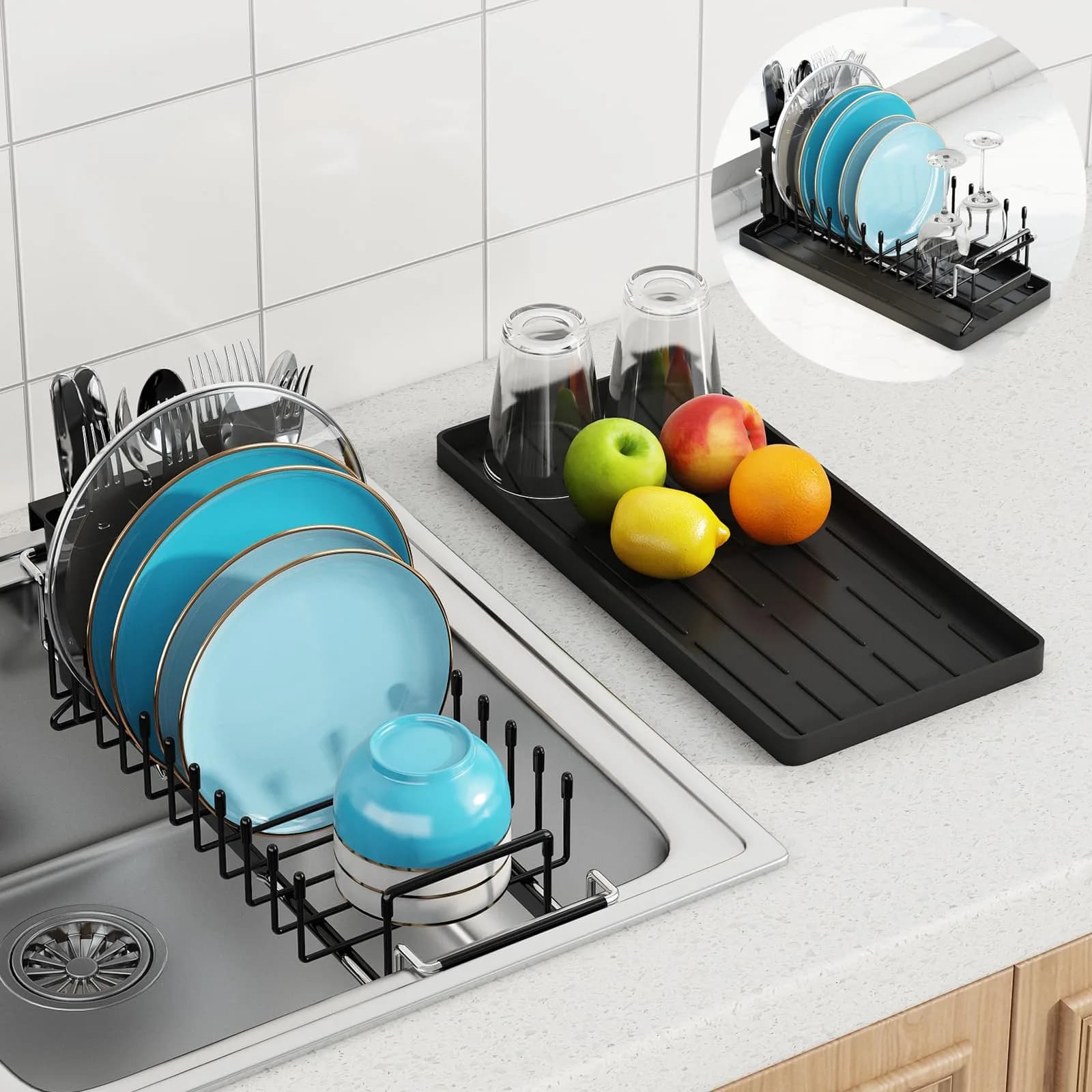 ANTOPY Sink Dish Drying Rack - Expandable Small Dish Rack Over Sinks with Silicone Drying Tray, Dish Drainer for Kitchen Counter with Cutlery Holder, Drying Rack Fit for 14’’-19’’ Kitchen Sink | Space-Saving, Expandable, Durable — In Sink (Small)