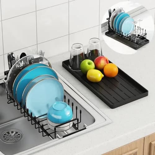 ANTOPY Sink Dish Drying Rack - Expandable Small Dish Rack Over Sinks with Silicone Drying Tray, Dish Drainer for Kitchen Counter with Cutlery Holder, Drying Rack Fit for 14’’-19’’ Kitchen Sink | Space-Saving, Expandable, Durable thumbnail 1