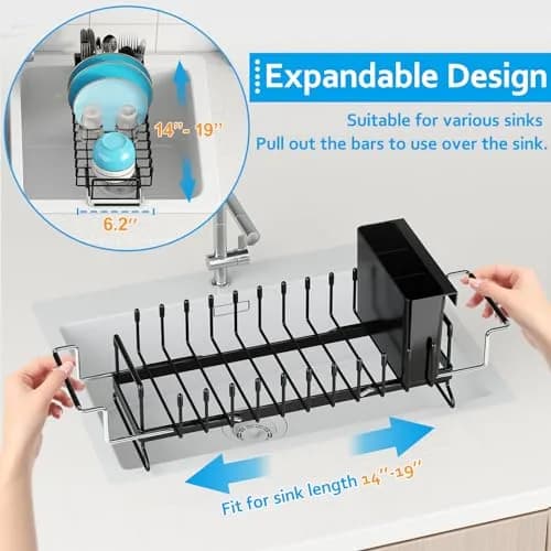 ANTOPY Sink Dish Drying Rack - Expandable Small Dish Rack Over Sinks with Silicone Drying Tray, Dish Drainer for Kitchen Counter with Cutlery Holder, Drying Rack Fit for 14’’-19’’ Kitchen Sink | Space-Saving, Expandable, Durable thumbnail 3