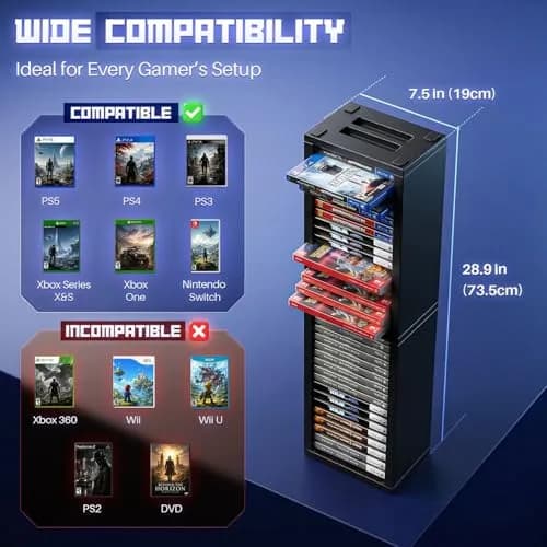 TNP Video Game Storage Tower for PS5 and Nintendo Switch | Space-Saving Organizer, Black, 36 Disc Capacity thumbnail 7
