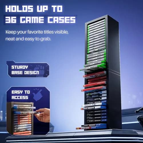 TNP Video Game Storage Tower for PS5 and Nintendo Switch | Space-Saving Organizer, Black, 36 Disc Capacity thumbnail 3