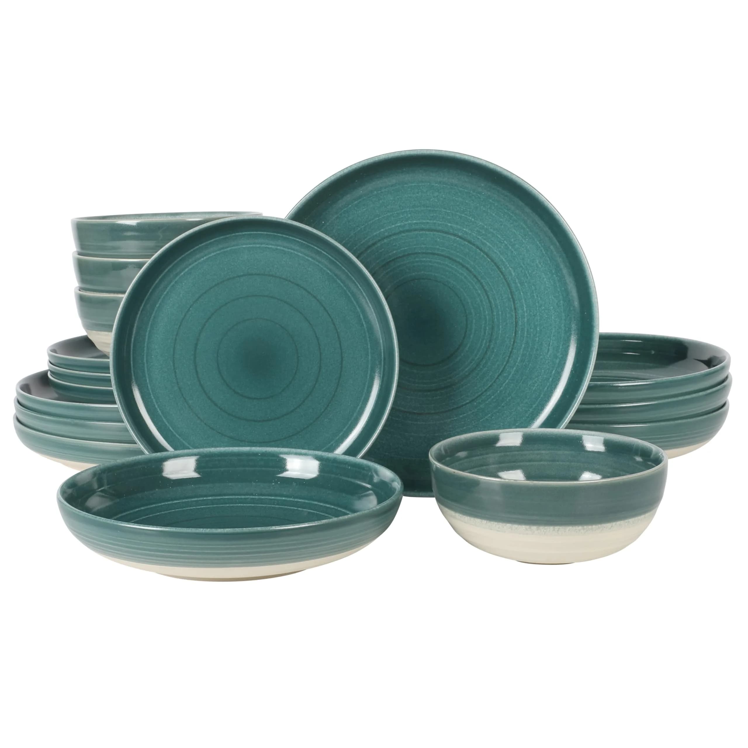 Gibson Elite Clarina 16 Piece Double Bowl Stoneware Dinnerware Set - Teal | Rustic Artisanal Design with Durable Glazing
