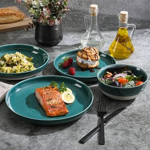 Gibson Elite Clarina 16 Piece Double Bowl Stoneware Dinnerware Set - Teal | Rustic Artisanal Design with Durable Glazing thumbnail 2