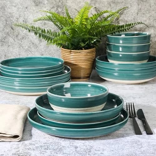 Gibson Elite Clarina 16 Piece Double Bowl Stoneware Dinnerware Set - Teal | Rustic Artisanal Design with Durable Glazing thumbnail 3