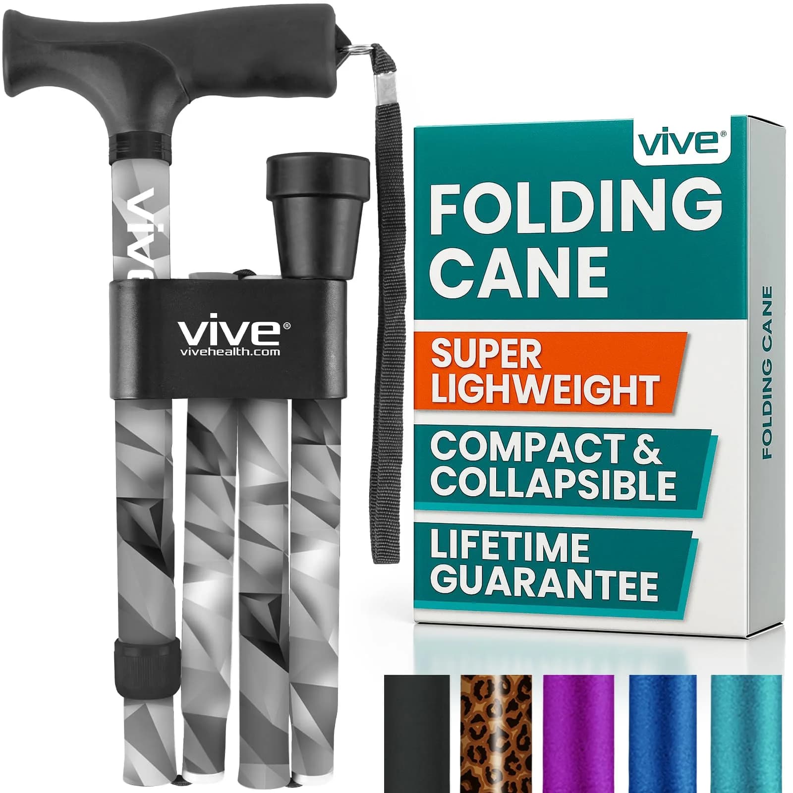 Vive Folding Cane - Adjustable Grey Poly Walking Stick with Ergonomic Grip & Non-Slip Tip - main product image