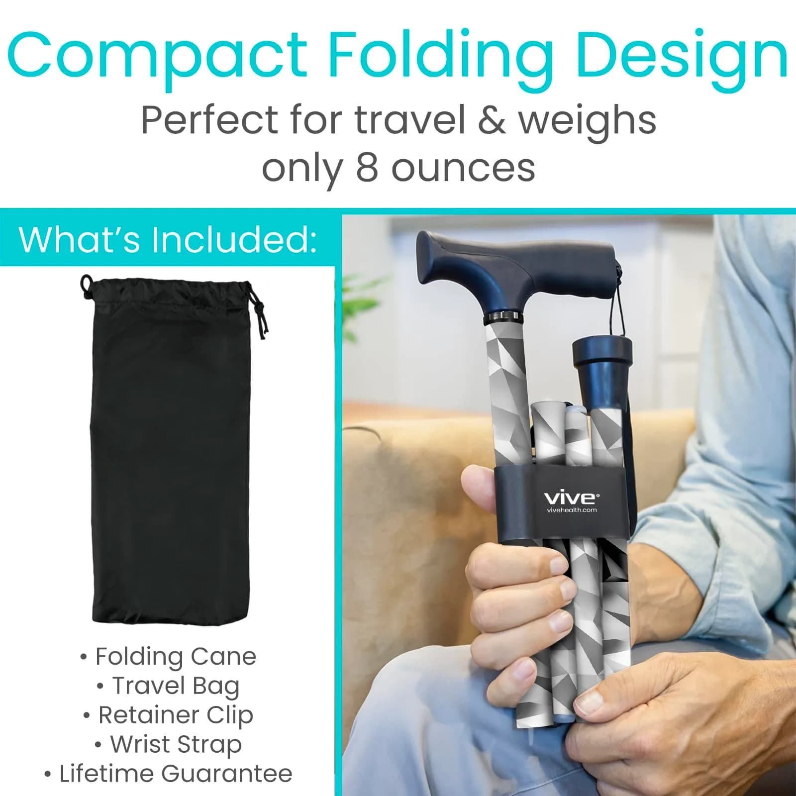 Vive Folding Cane - Adjustable Grey Poly Walking Stick with Ergonomic Grip & Non-Slip Tip - view 2