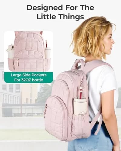 BAGSMART Women's Travel Backpack for 15.6" Laptop, Pink Quilted Casual Daypack | Water-Resistant with Trolley Sleeve thumbnail 5