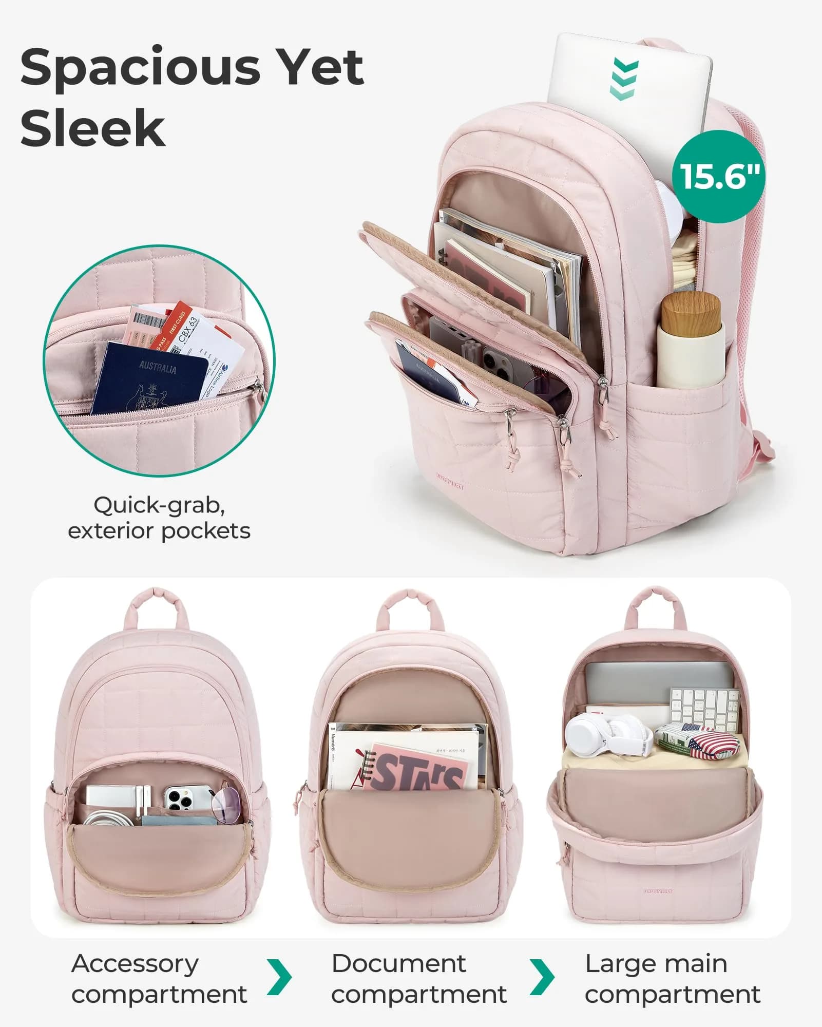 BAGSMART Women's Travel Backpack for 15.6" Laptop, Pink Quilted Casual Daypack | Water-Resistant with Trolley Sleeve - view 2