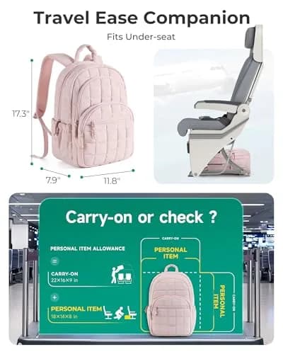 BAGSMART Women's Travel Backpack for 15.6" Laptop, Pink Quilted Casual Daypack | Water-Resistant with Trolley Sleeve thumbnail 3