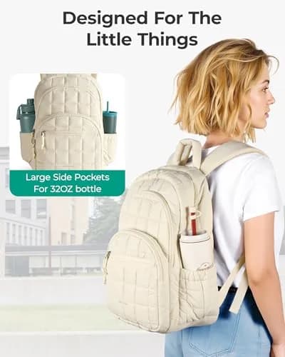 BAGSMART Women's 15.6" Laptop Backpack, Beige Quilted Travel Daypack | Water-Resistant with Trolley Sleeve thumbnail 4